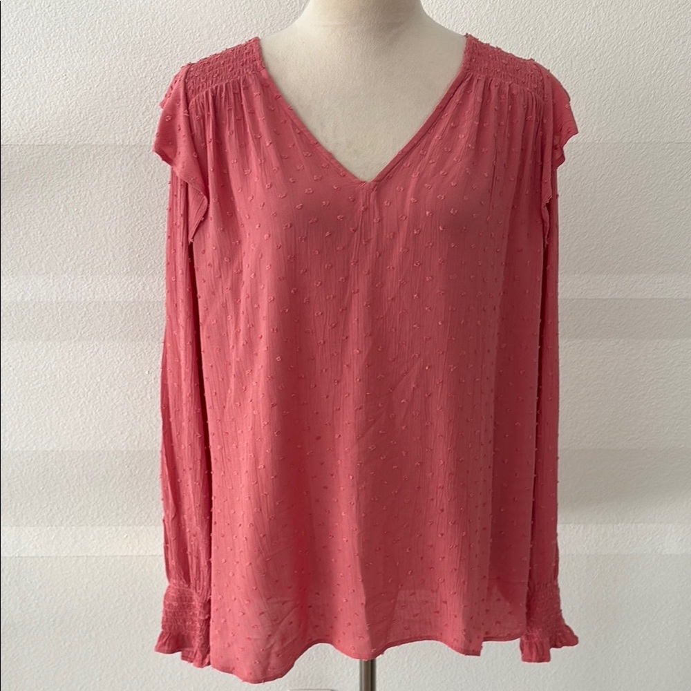 Swiss Dot Salmon Long Sleeve Blouse